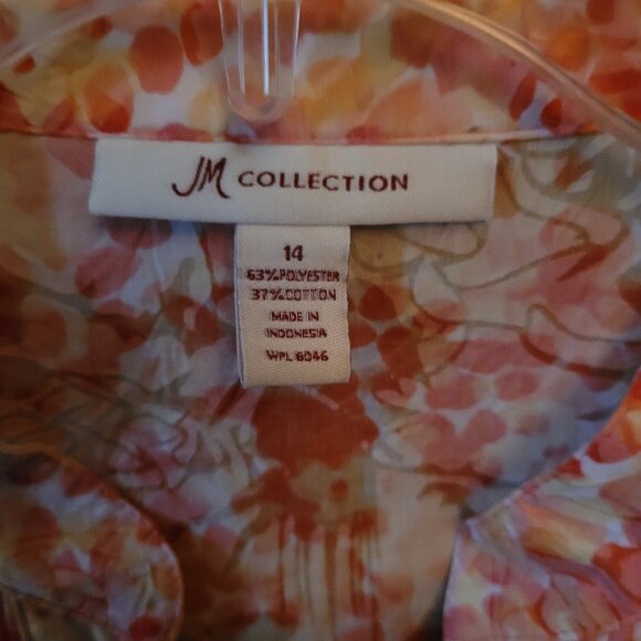 JM Collection Pretty Pink & Orange Floral Pleated Button Down Top Misses 14 - Picture 3 of 5